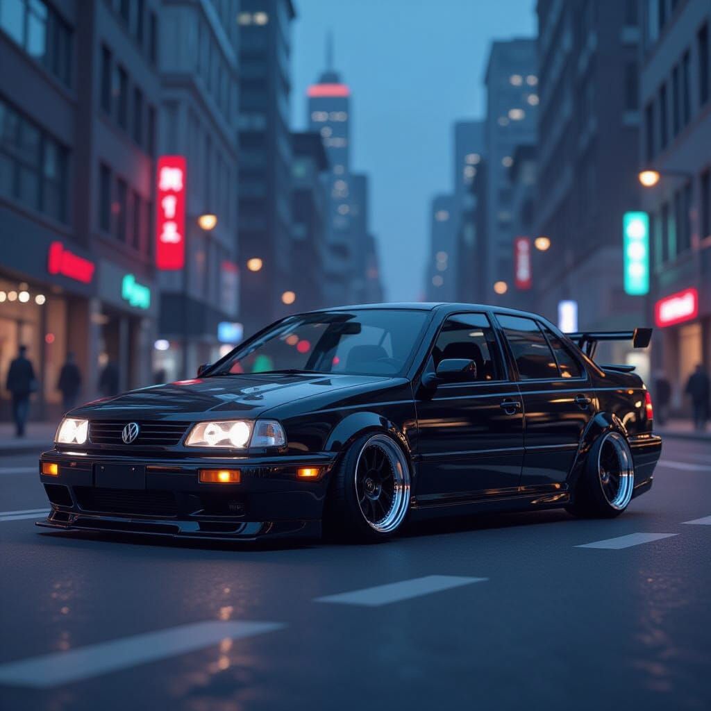 Black Jetta Cruises City Street with Futuristic Aesthetic