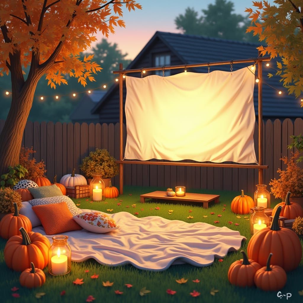 Autumnal Backyard Scene with Cinema in Impressionistic Style