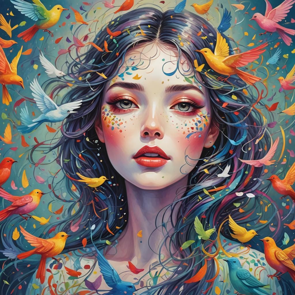 Whimsical Woman Exhaling Rainbow Birds: An Impasto Painting