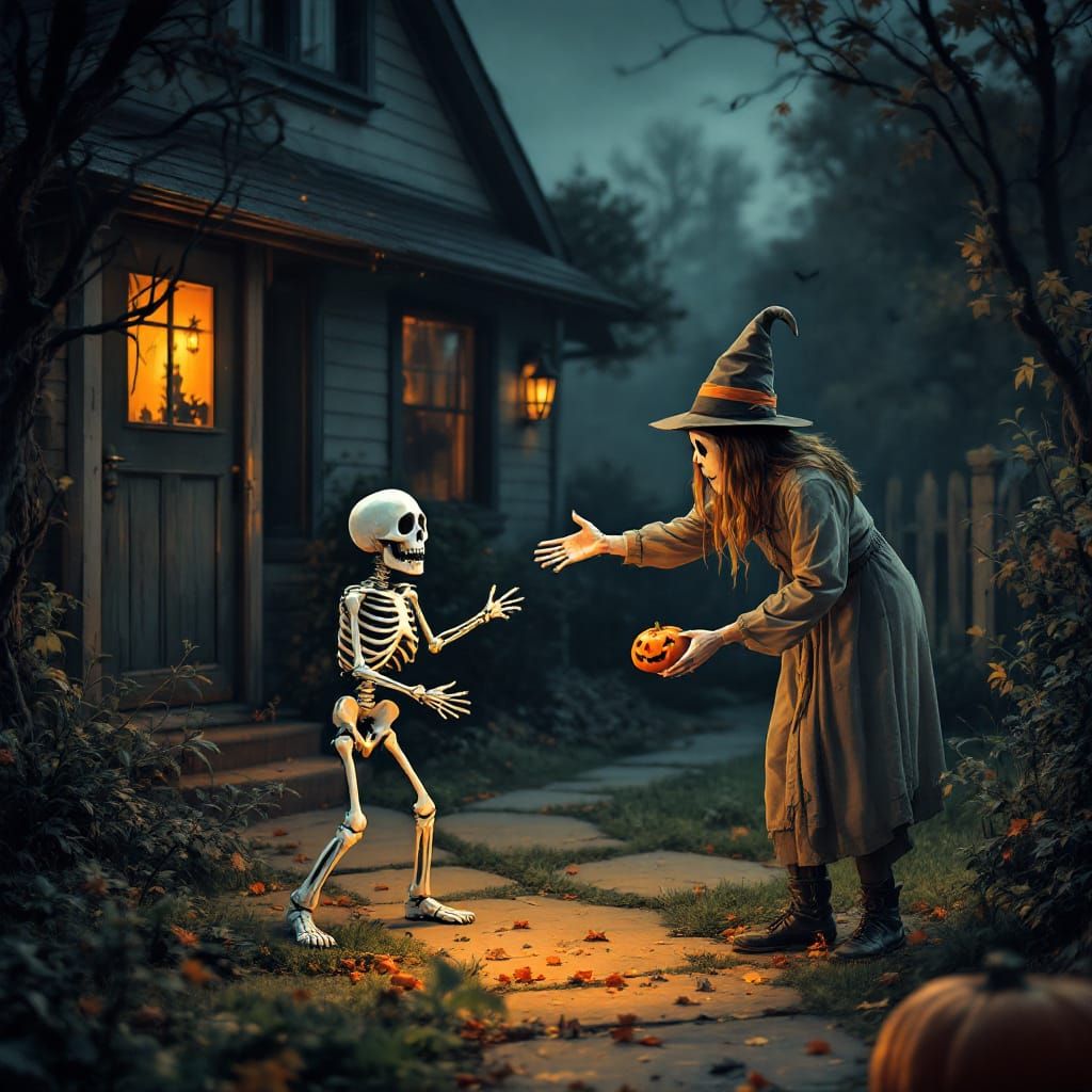 Scared Skeleton's Halloween Treat: A Digital Illustration