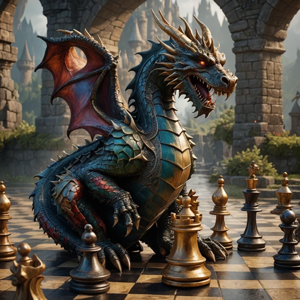 Detailed Dragon Chess Piece on Elaborate Checkerboard