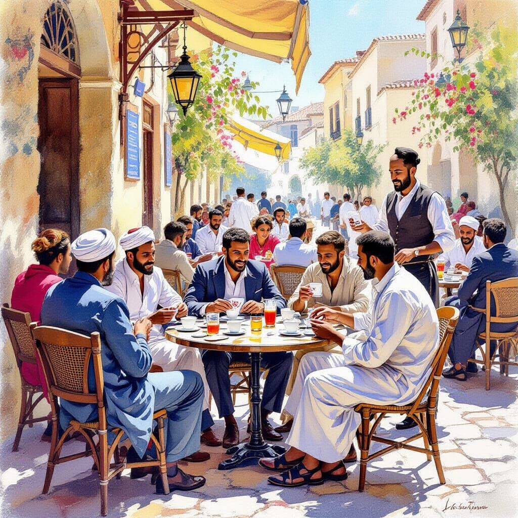 Tunisian Café Scene in Watercolor Style