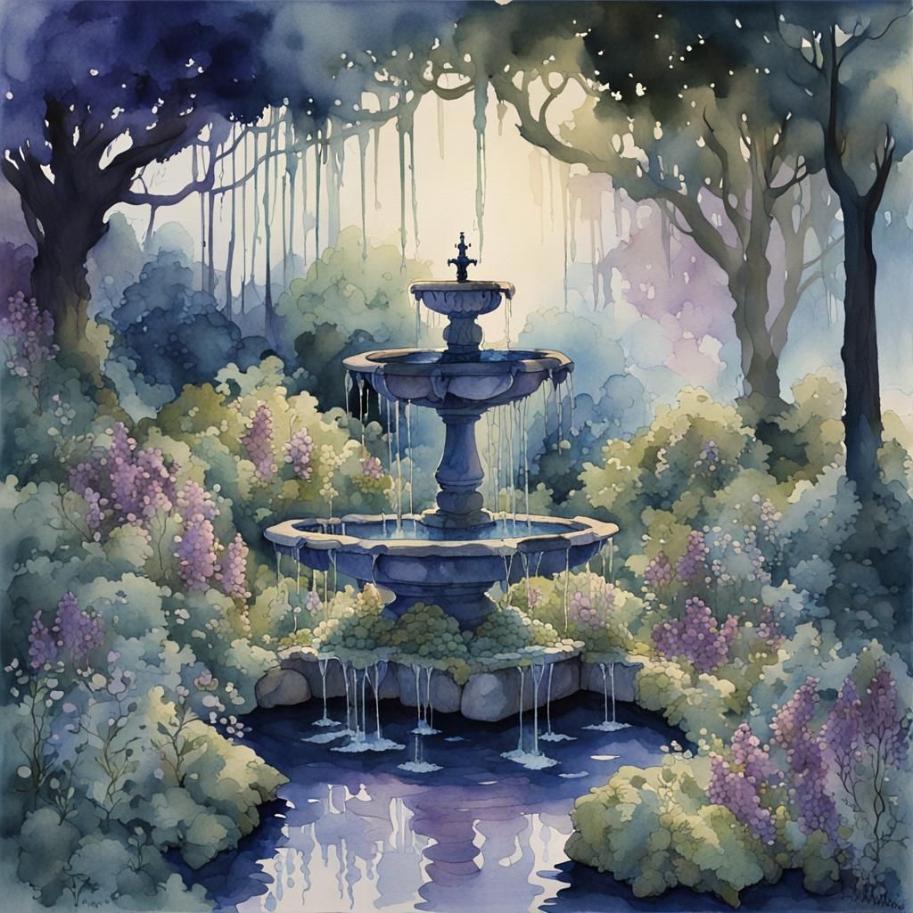 Overgrown Garden at Dusk in Drippy Watercolor