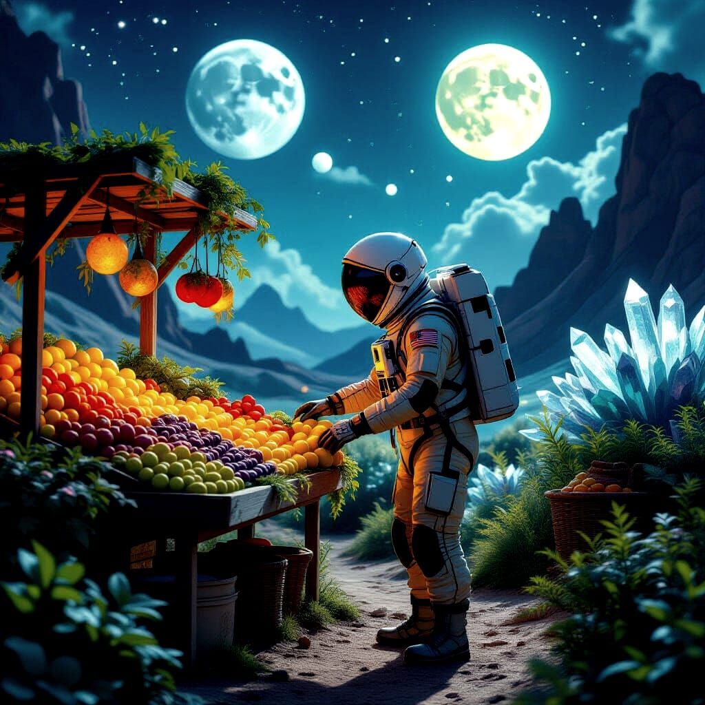 Astronaut's Alien Farmstand in Soft Lunar Light