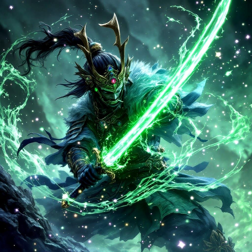 Ethereal Samurai Warrior Wields Shimmering Emerald Katana