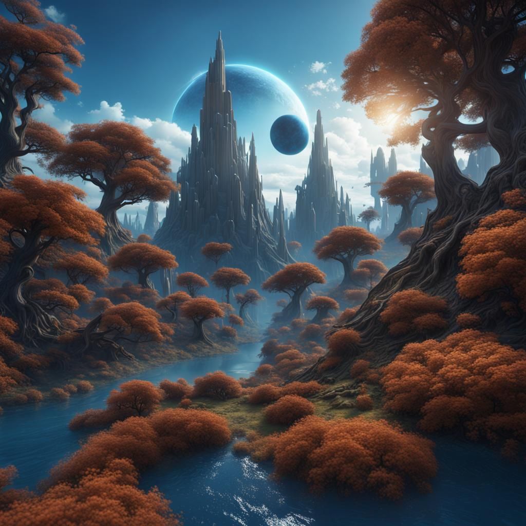 Fantasy Planet with Lush Trees and Blue Sky