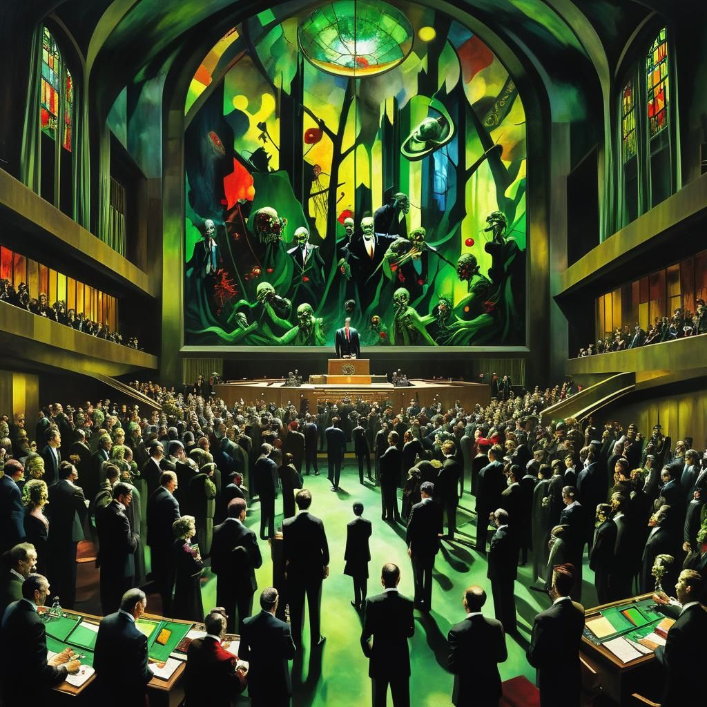 Surrealist Zombie Assembly in Vivid Colors