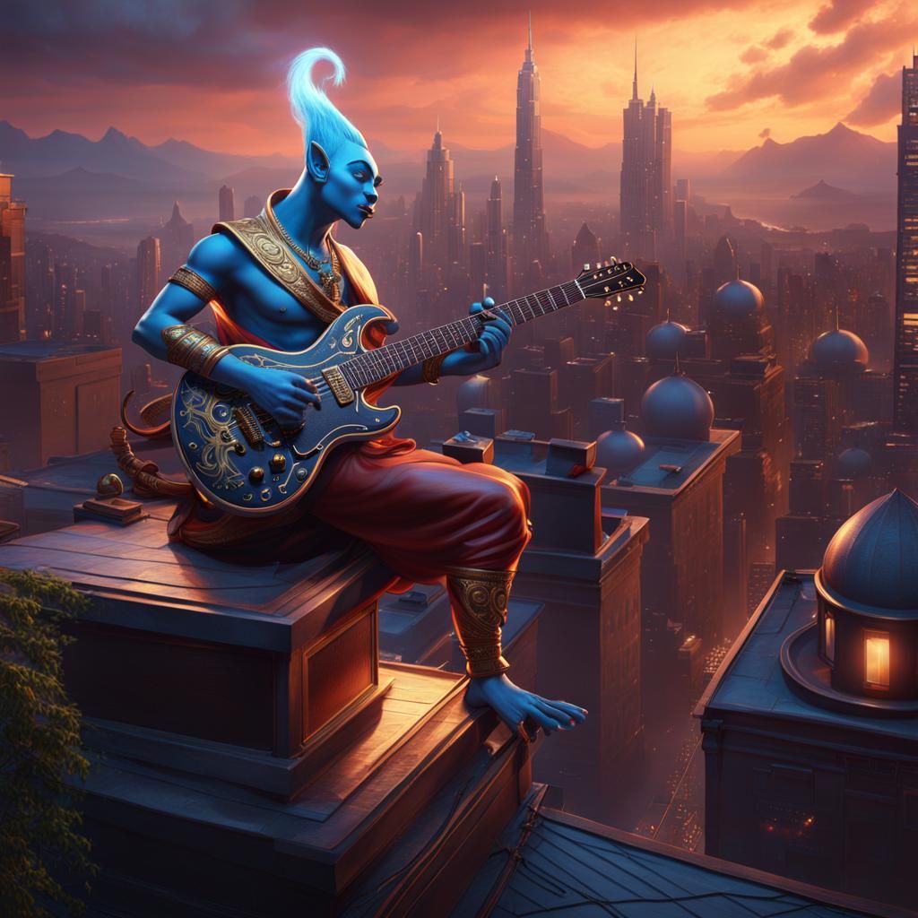 Genie Plays Guitar: Detailed Matte Painting