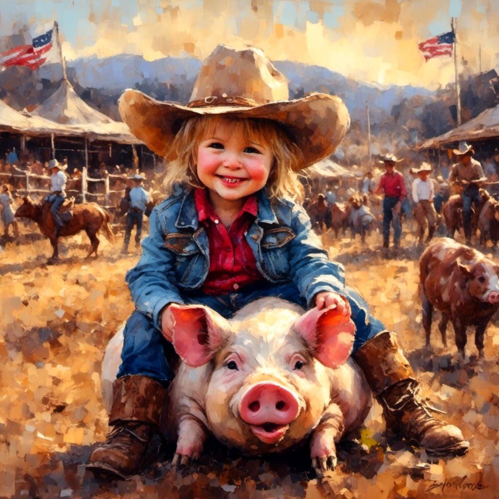 Toddler Cowboy on Pig in Rodeo, Elizabeth Turk Style