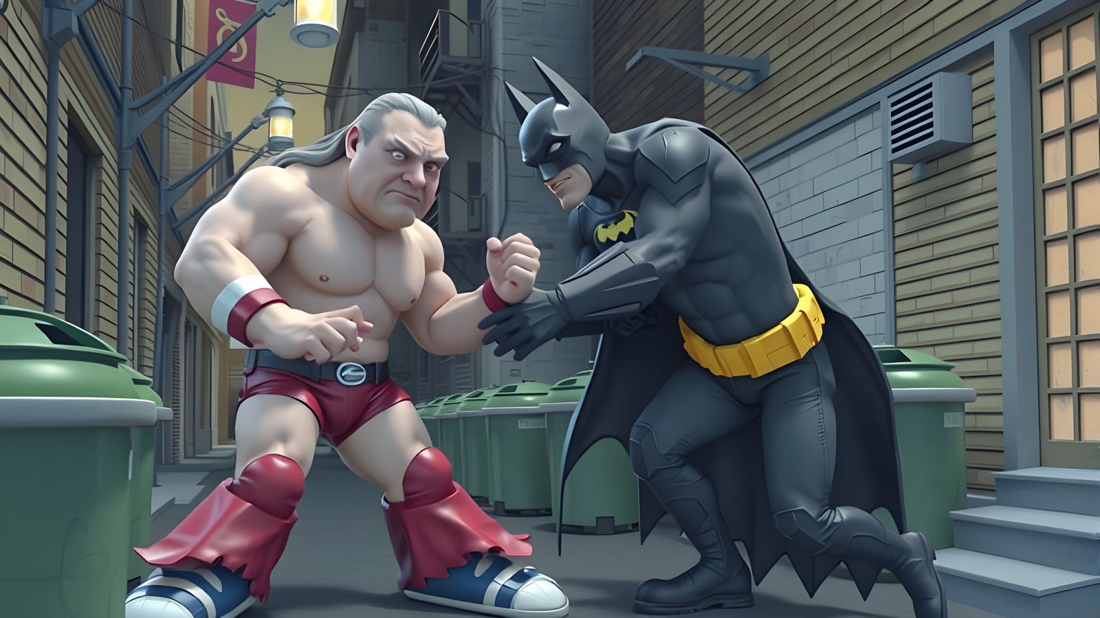 Batman vs Wrestler in Claymation Style Alley Fight