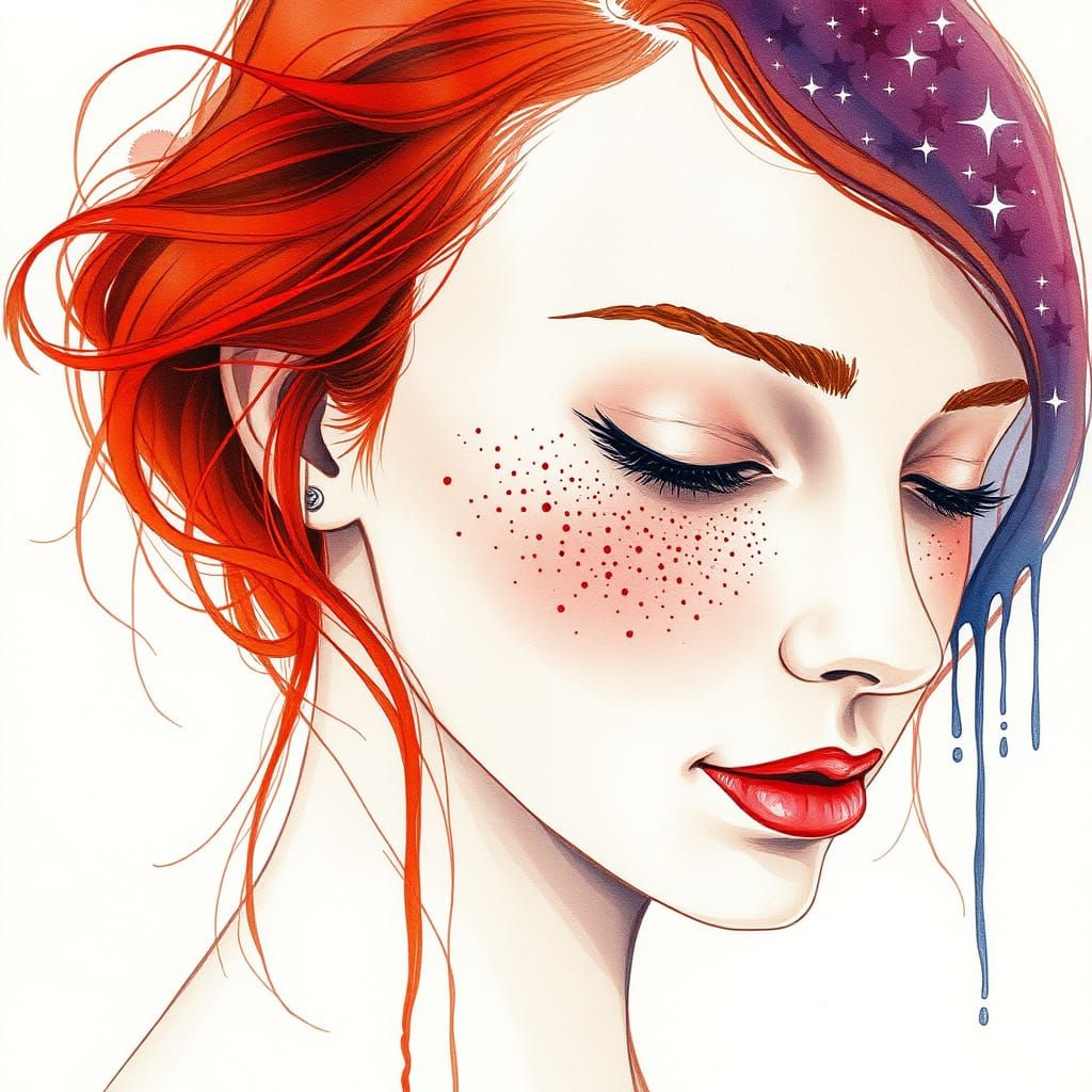 Crimson Haired Woman Portrait with Moon and Stars