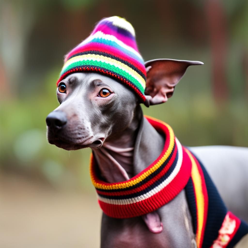 Peruvian hairless dog with a wool chullo hat