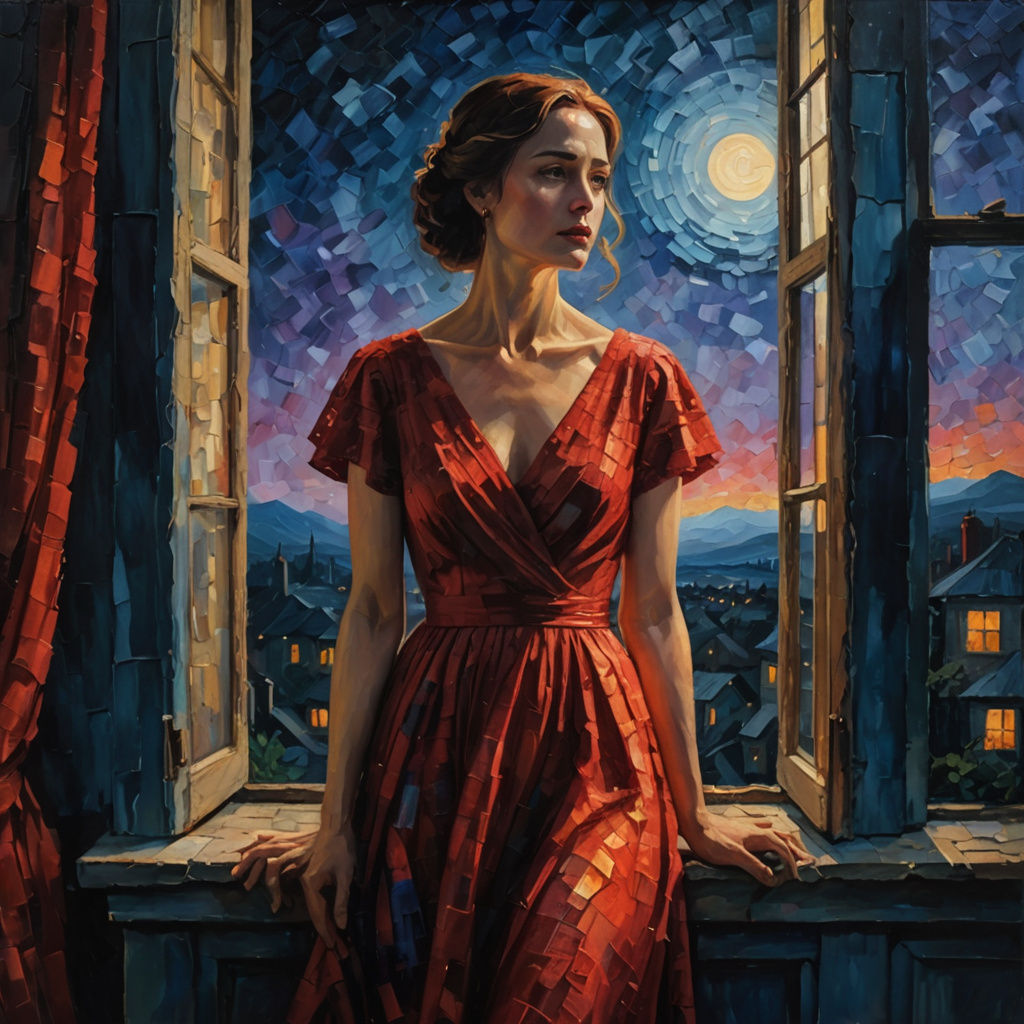 Ethereal Woman in Red Dress: Impasto Oil Painting