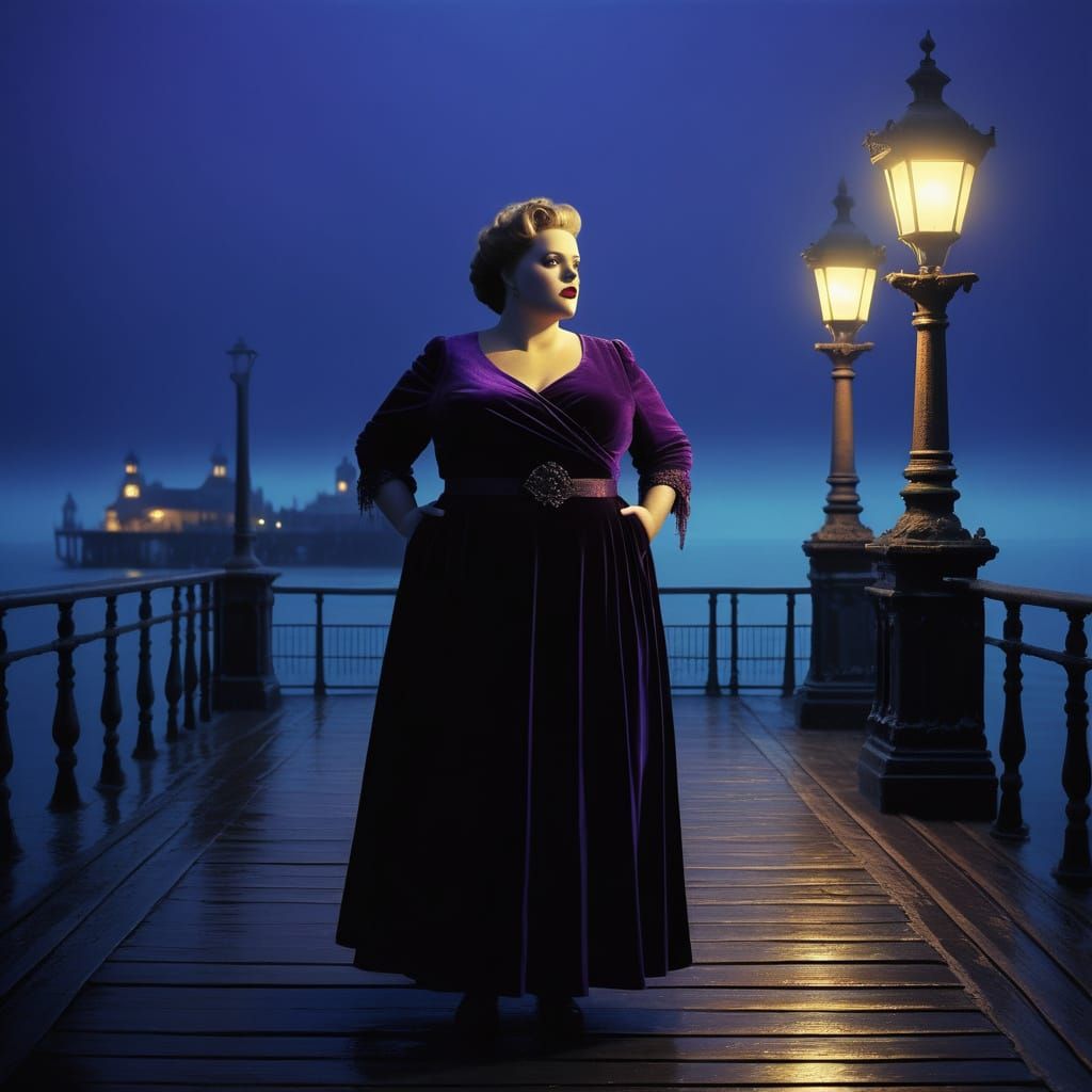 An elegant obese woman stands on a dimly lit, baroque seaside pier with ornate details, illuminated by dramatic, moody l...