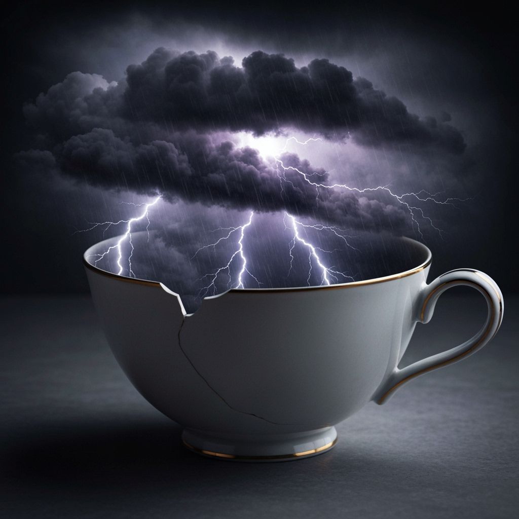 Dramatic Storm Inside Teacup in Dark Surrealist Style