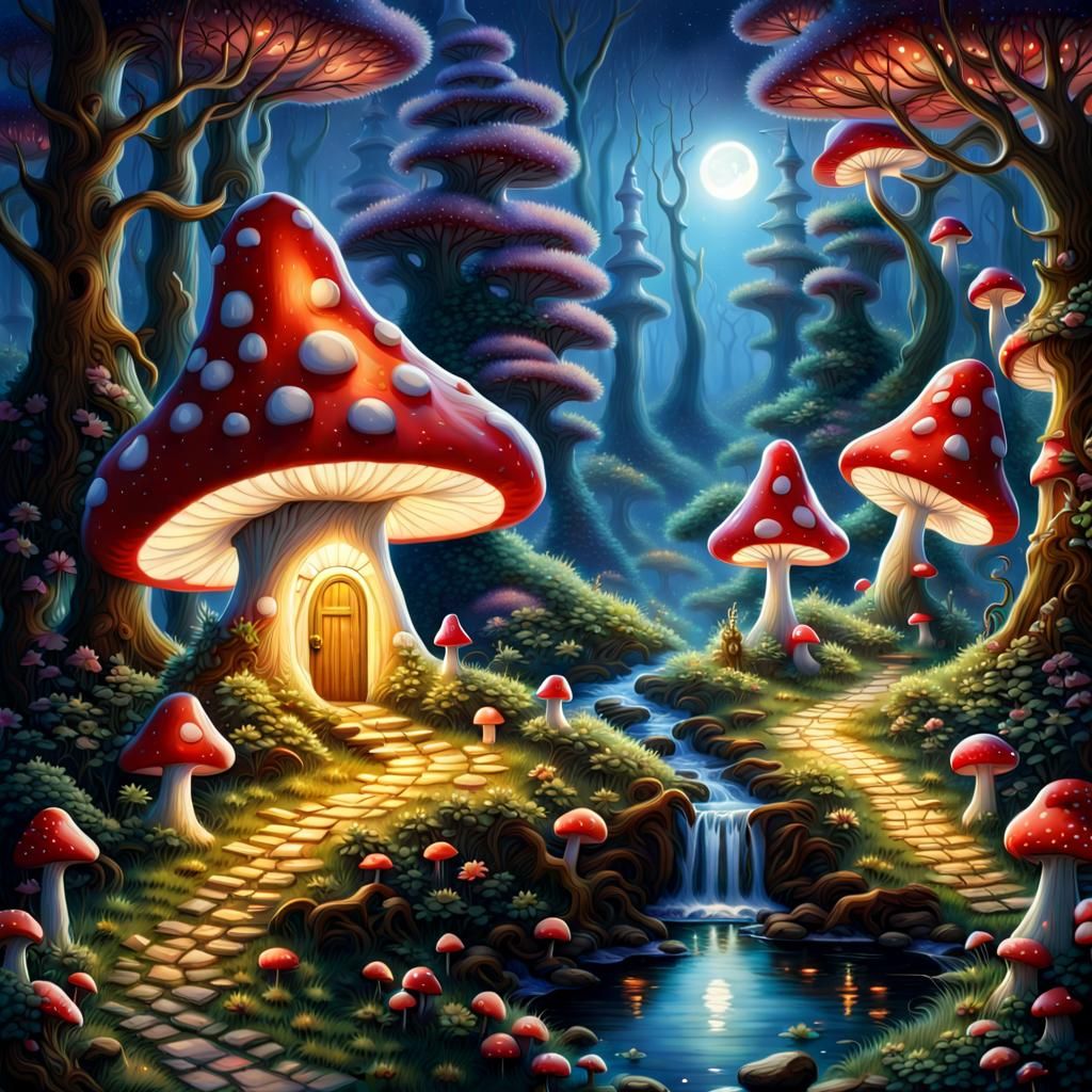 Mystical Toadstool Village at Night