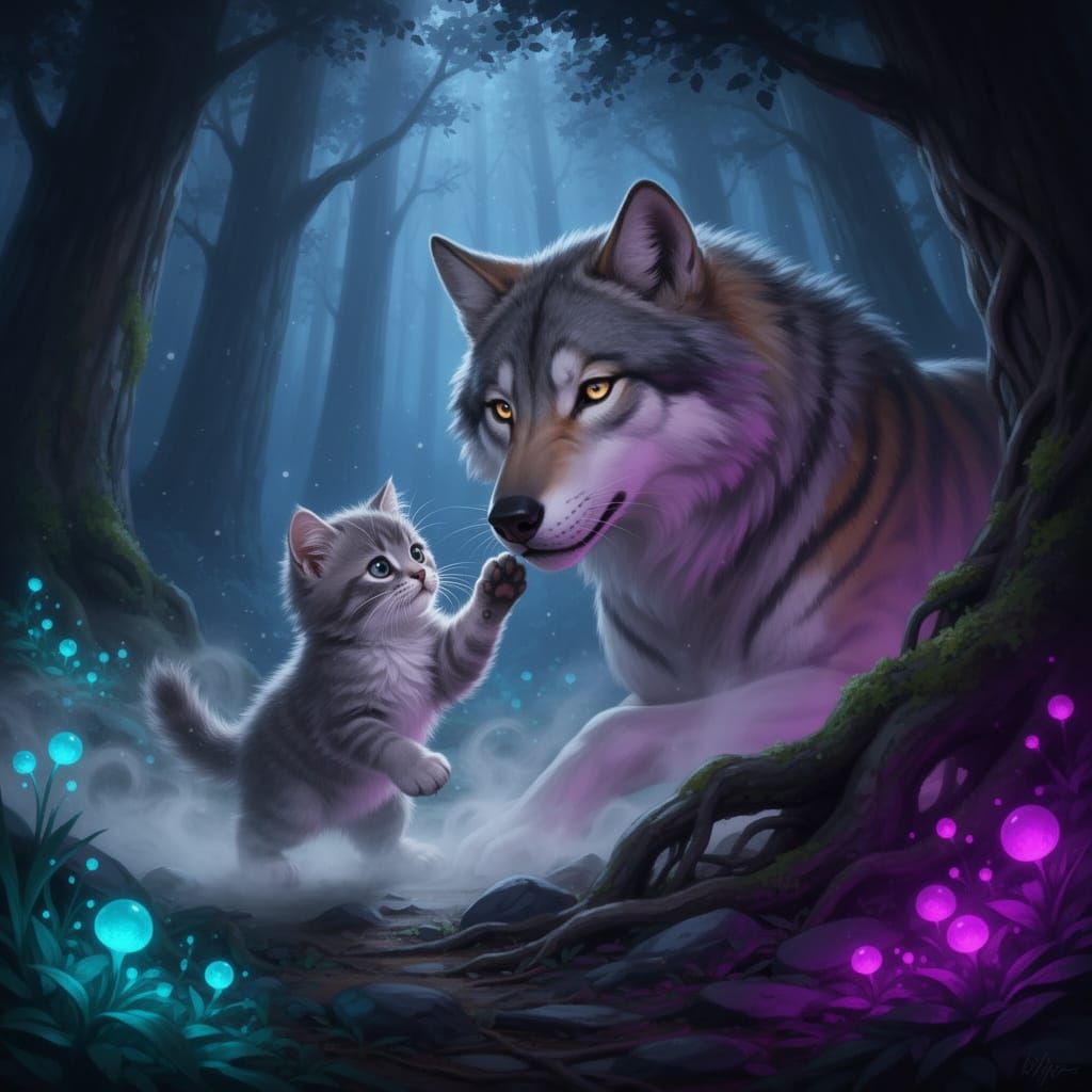Fluffy Kitten Plays with Wolf-Tiger Hybrid in Enchanted Fore...
