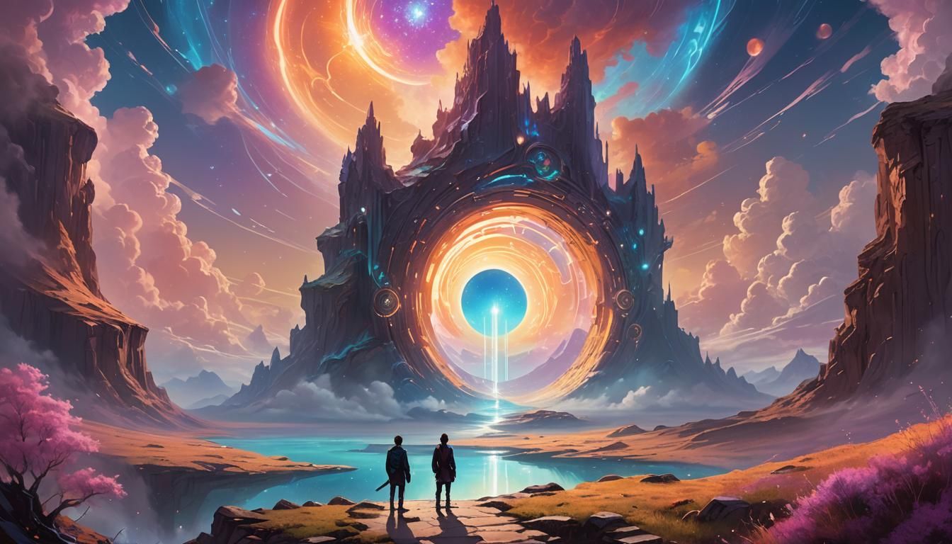 Dreamlike Landscape with Glowing Portals, Surreal Digital Ar...