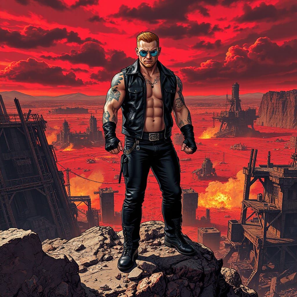 Dystopian Wrestler Overlooking Wasteland in Dark Fantasy Sty...
