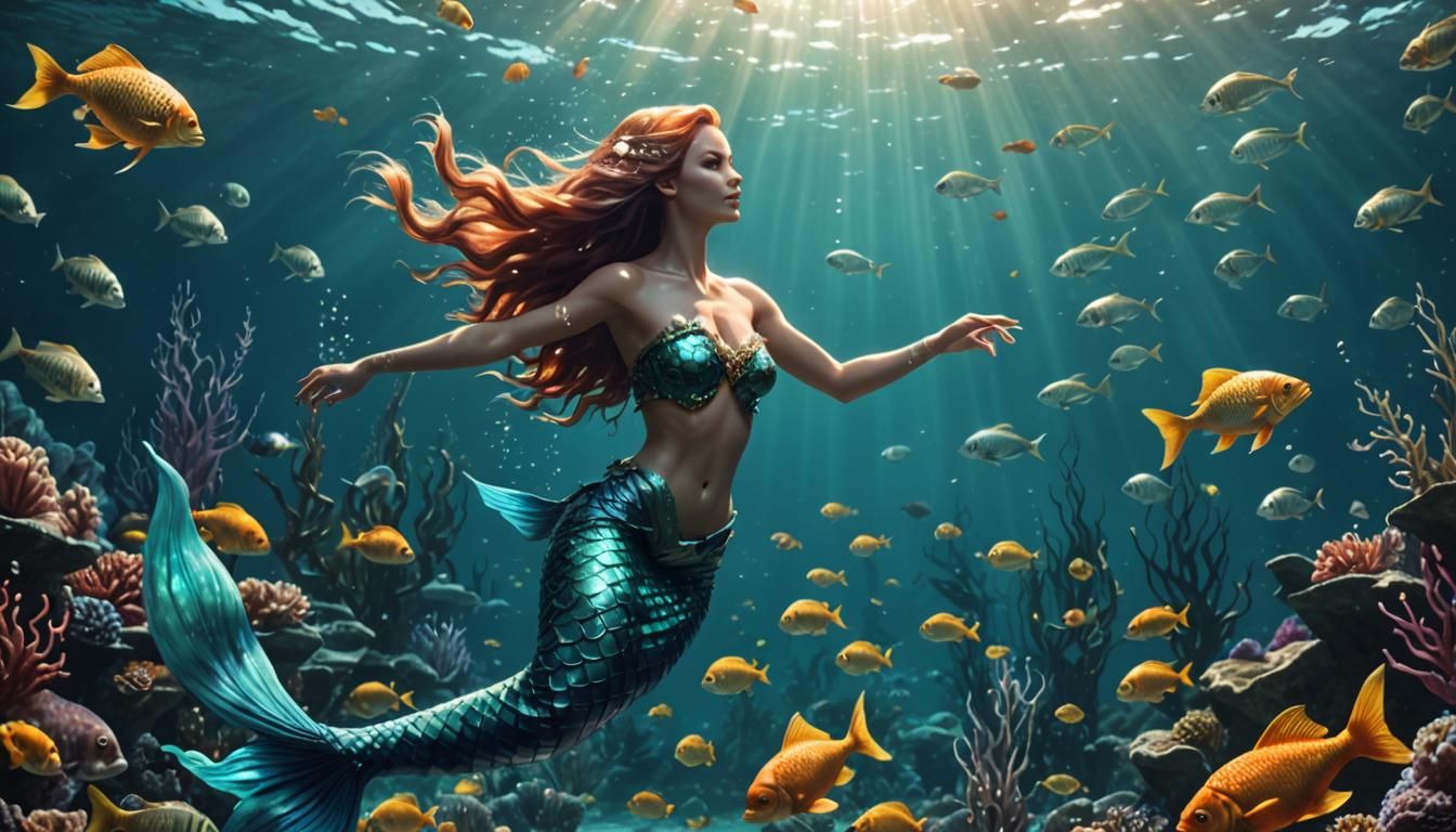 Mermaid Swimming in Sea with Fish, Dynamic Lighting