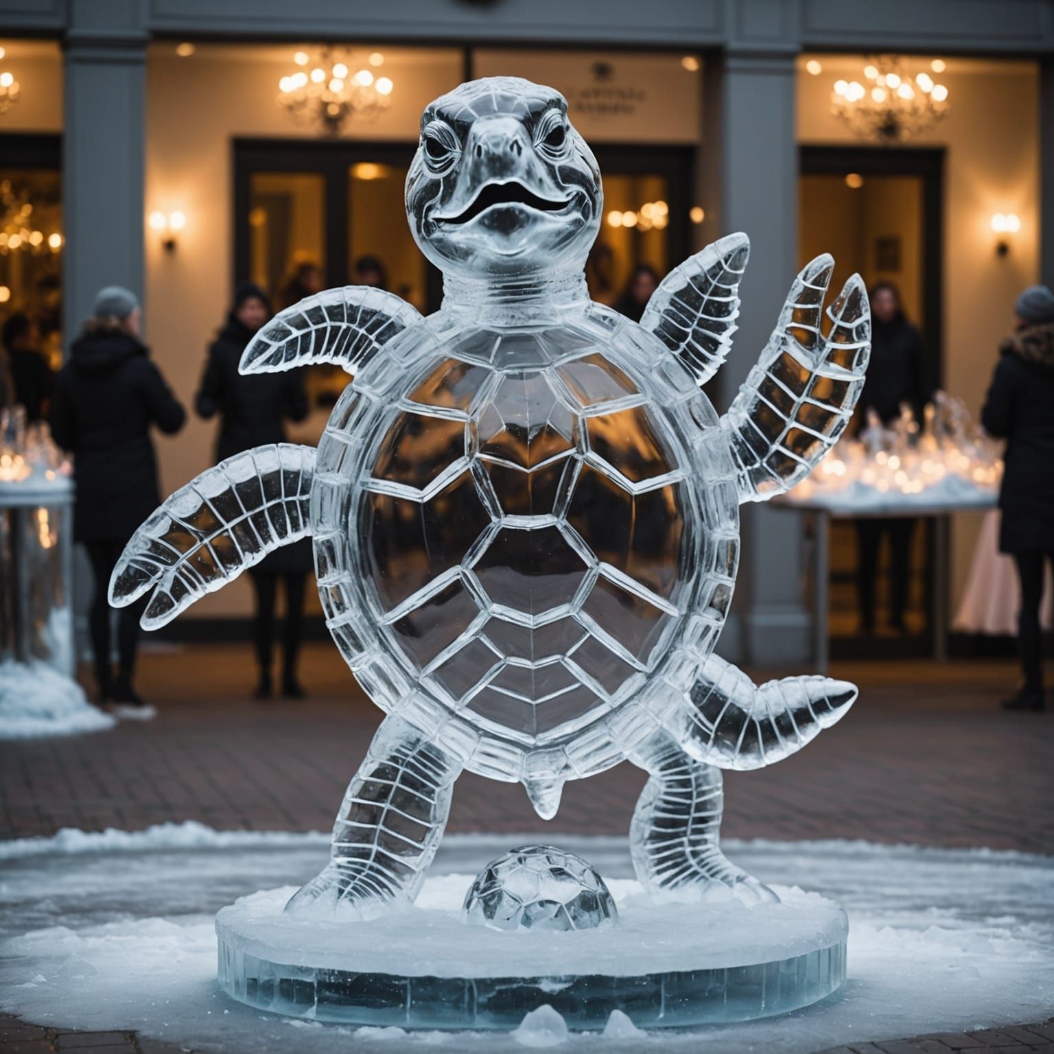 Ice sculpture in the shape of a turtle striking a dancing ballerina pose