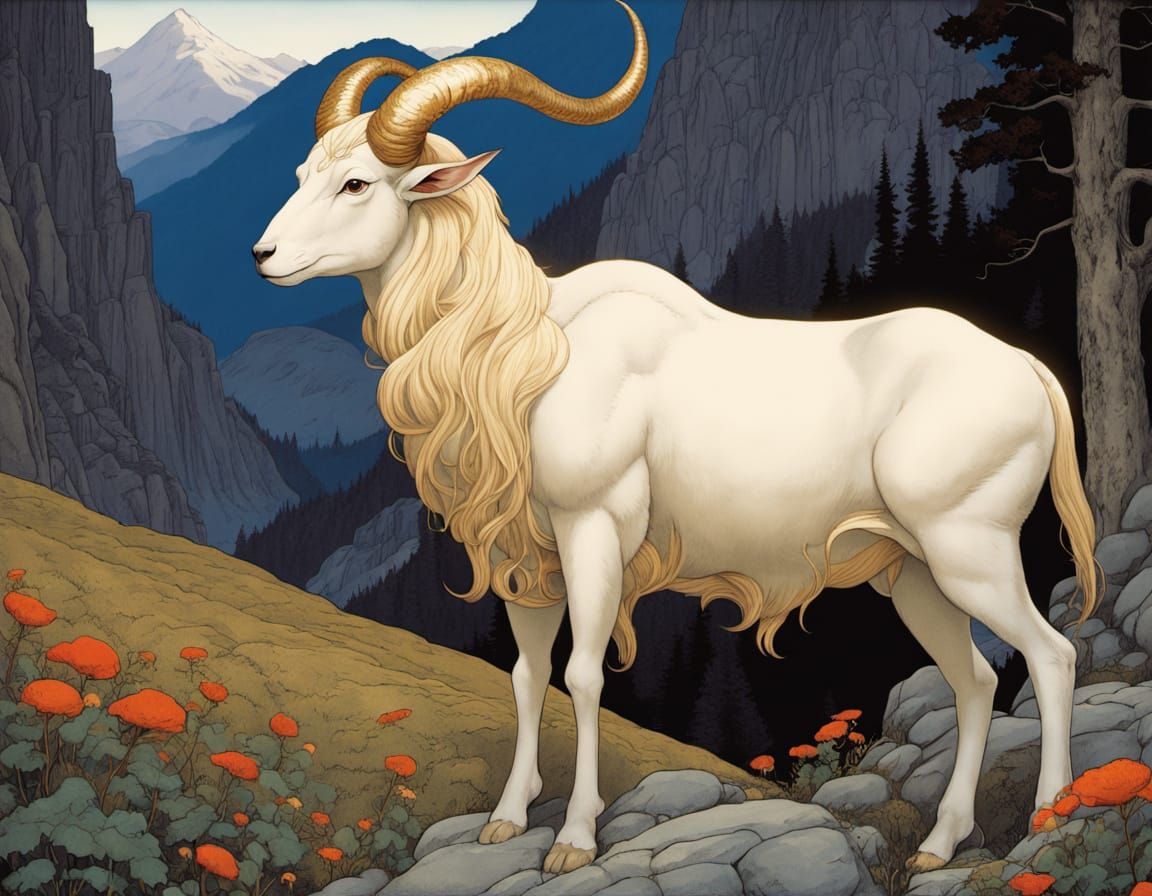 Slender Goddess in Jewel Tones, Standing in an Alpine Meadow