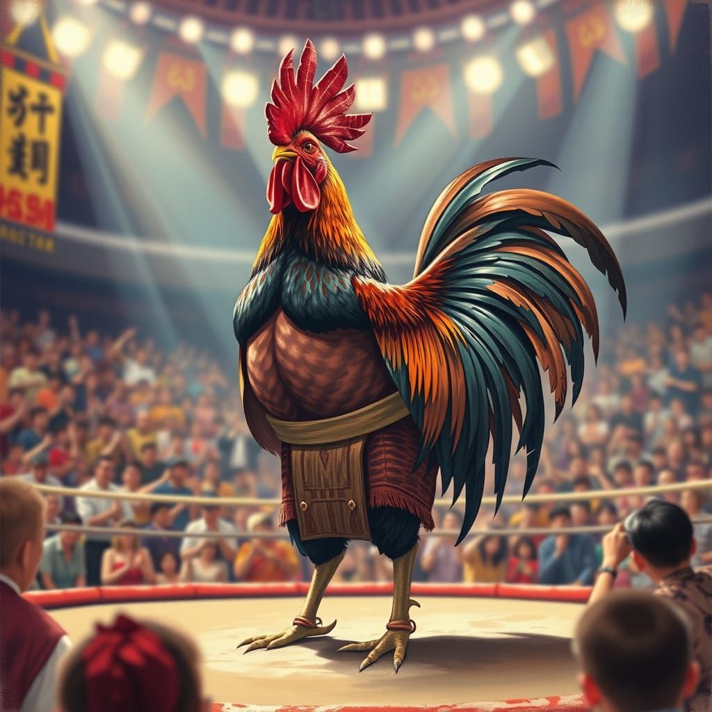 Majestic Sumo Rooster in Futuristic Ukiyo-e Style