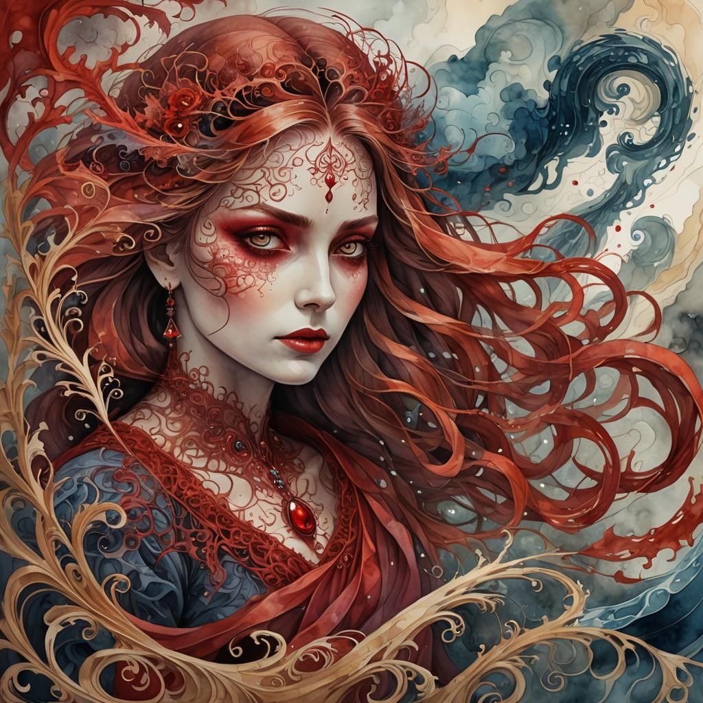 The Red Witch: Watercolor Painting with 3D Shading