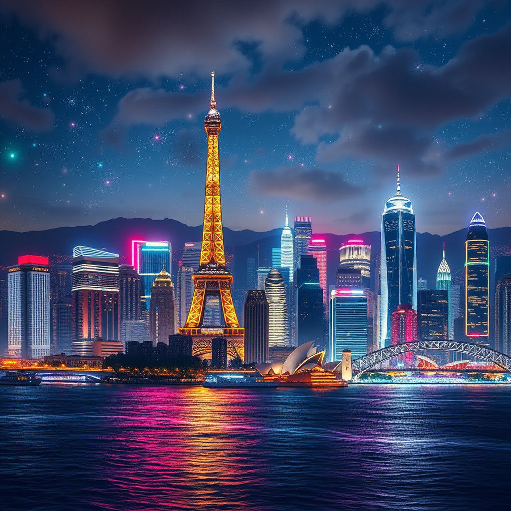 Majestic Cityscape Fusion: A Digital Neon Dream