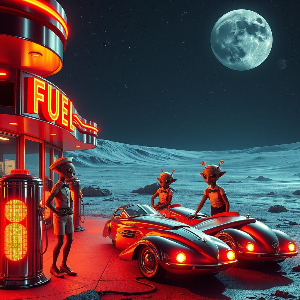 Retro Gas Station on the Moon with Alien Attendants