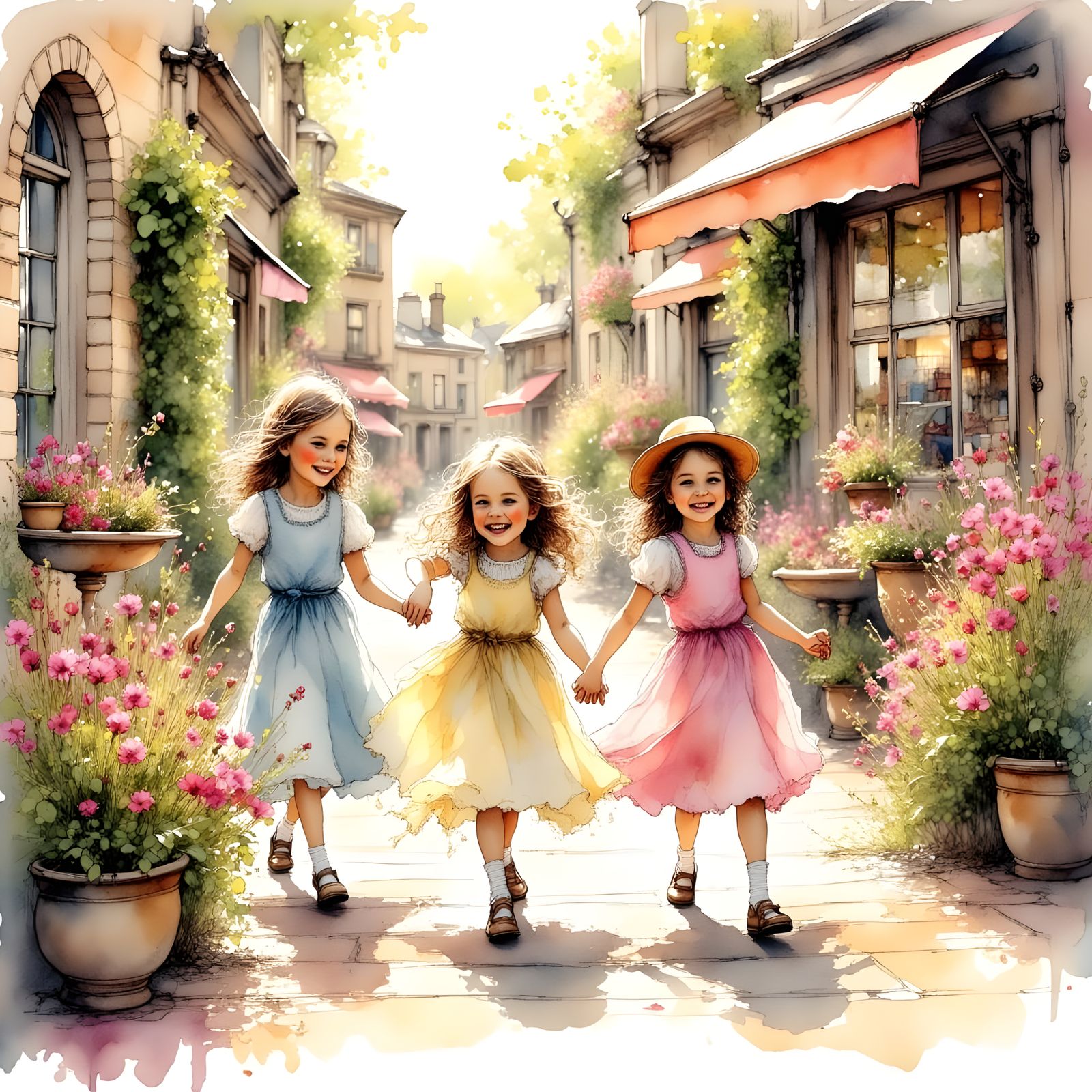 Girls in a Whimsical Watercolor Town Square Scene