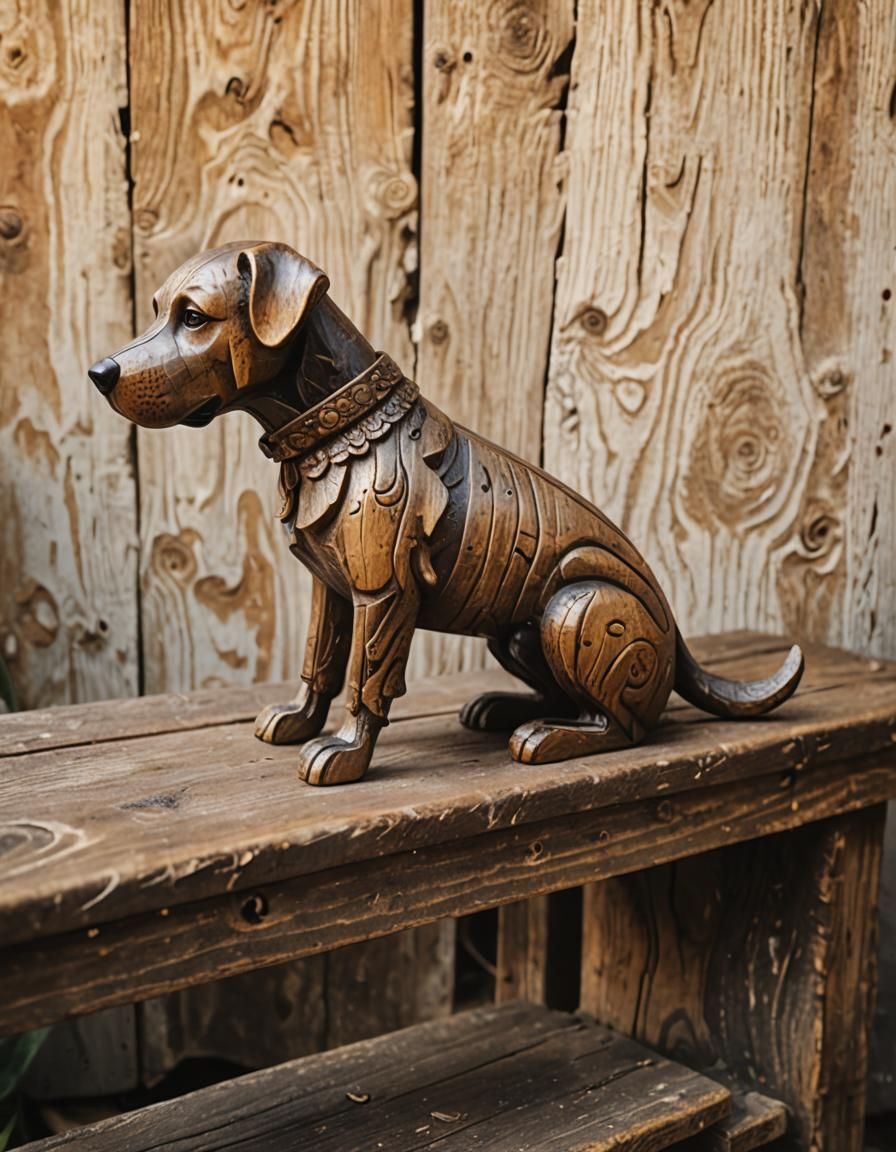 Whimsical Folk Art: Old Wooden Dog on Bench