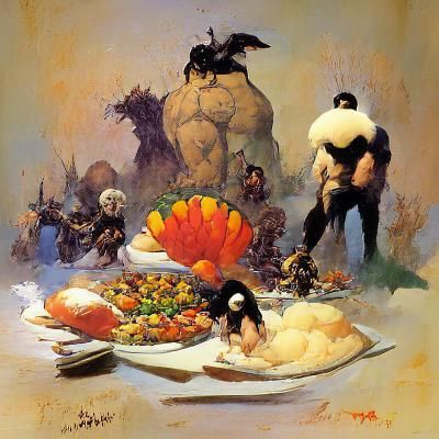Heroic Thanksgiving Feast in Fantasy Art Style