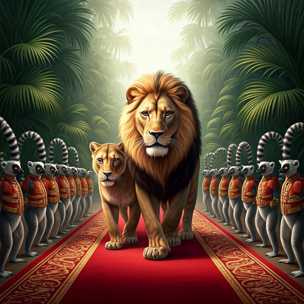 Regal Lion and Lioness in Baroque Splendor