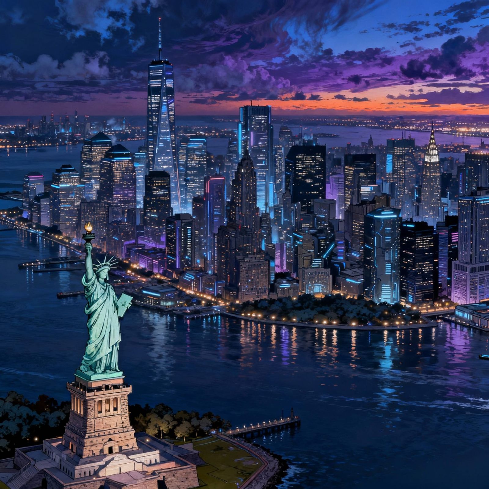 Futuristic NYC Skyline at Dusk With Statue of Liberty