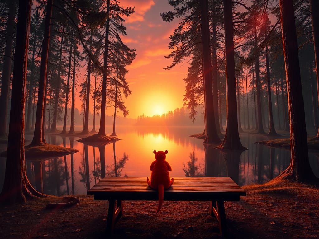 Surreal Sunset Scene with Orange Monster and Mystical Forest