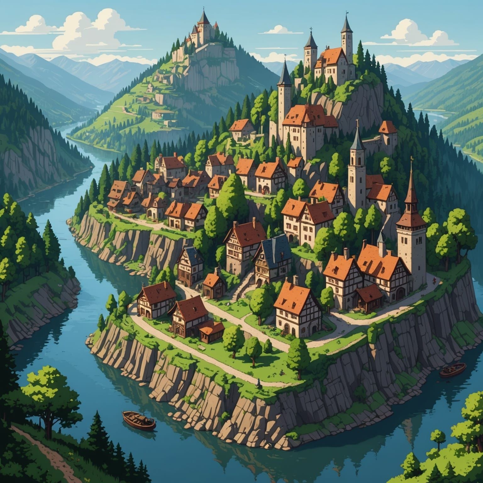 Serene Hill Town in 8-bit Pixel Art