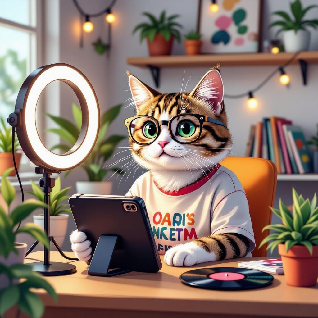 Gen Z Cat Vlogging with Tablet and Ring Light