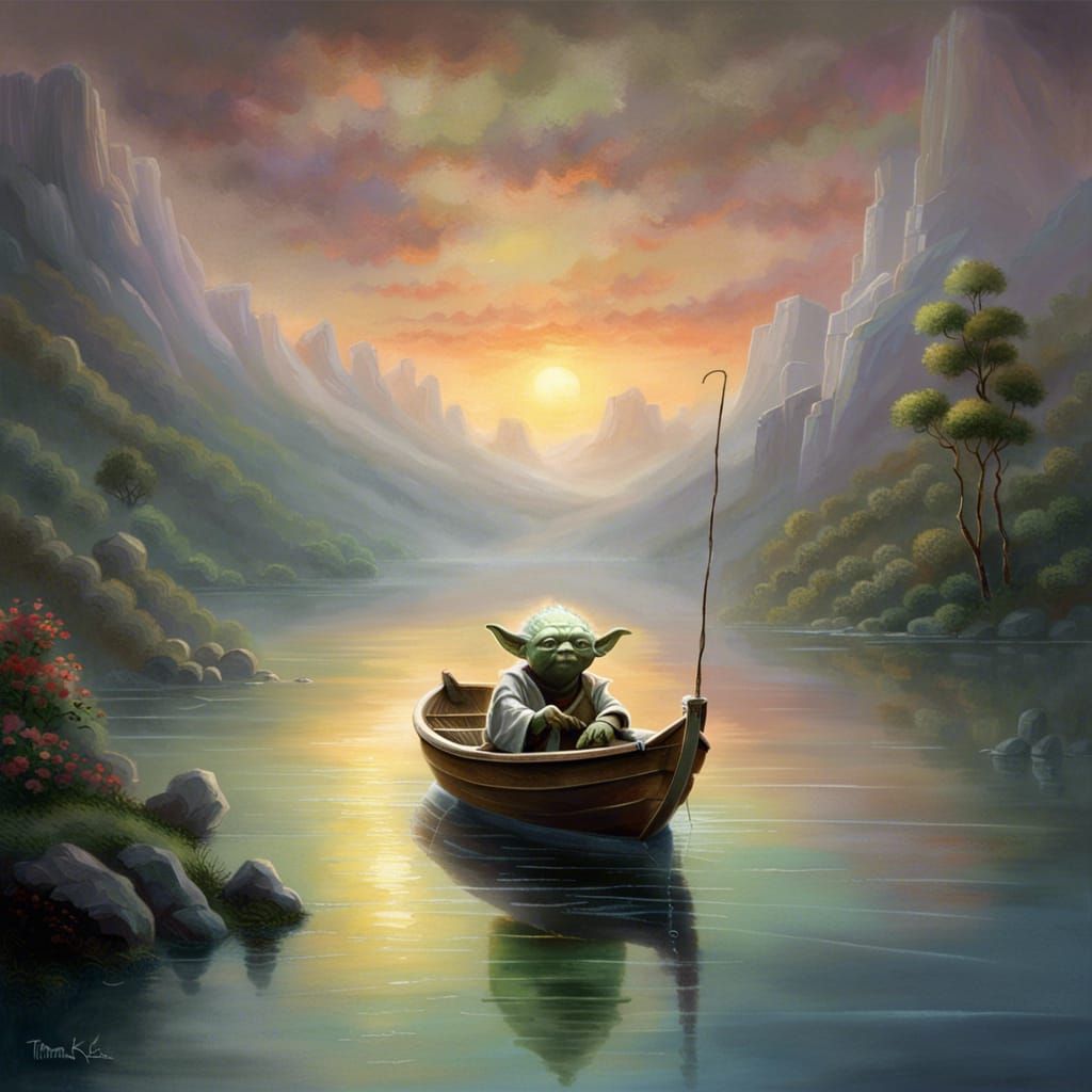 Yoda Fishing at Sunset in Kinkade Style