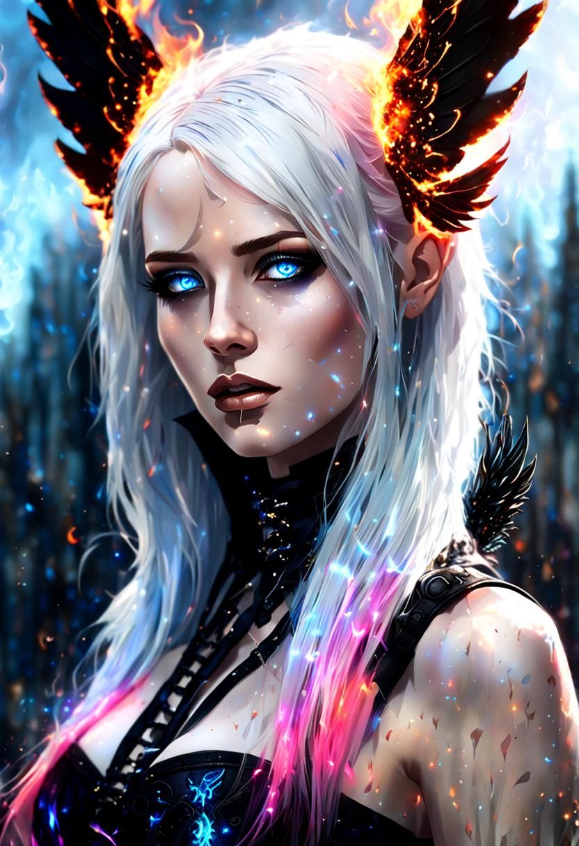 Gothic Girl with Blue Fire and Translucent Wings