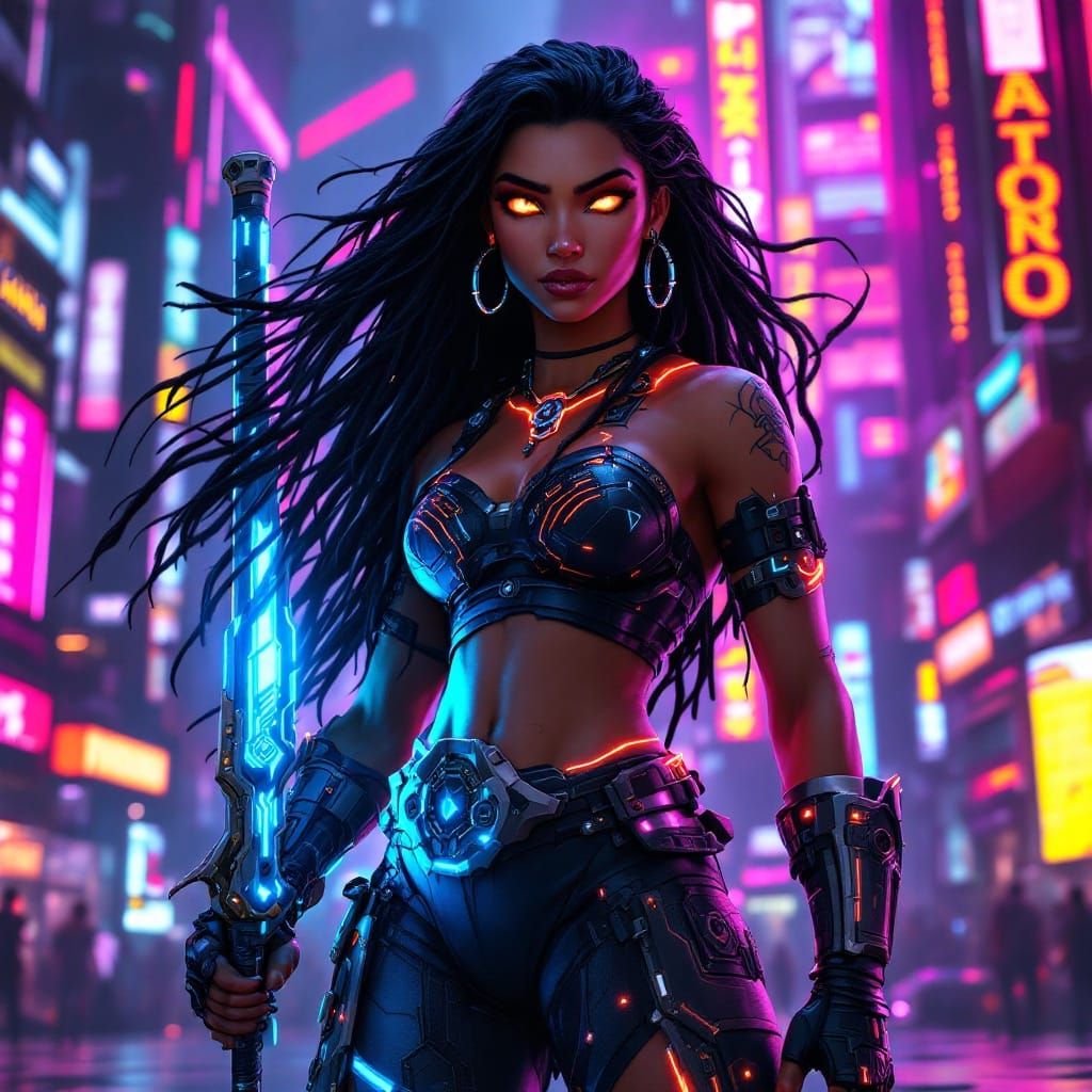 Cyberpunk Warrior Princess Moana in Neon Metropolis