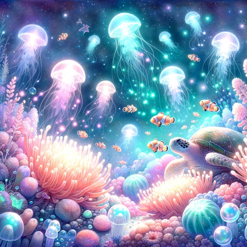 Glowing Underwater Garden with Bioluminescent Sea Life
