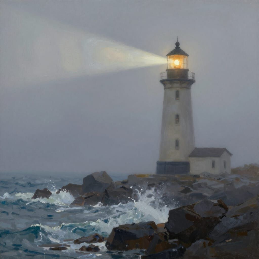 Ancient Lighthouse in Fog at Dawn, Impressionistic Style