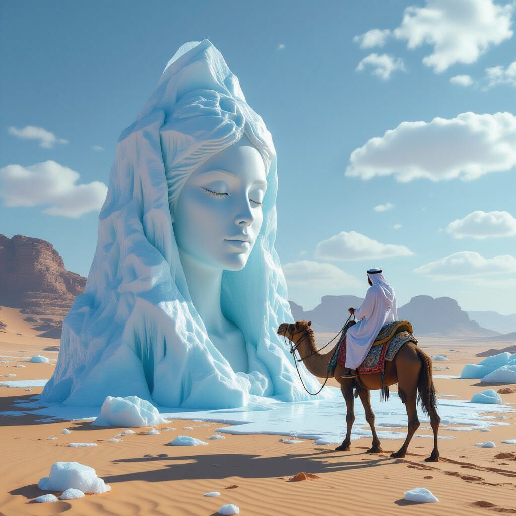 Beduin Encounters Ice Sculpture in Desert