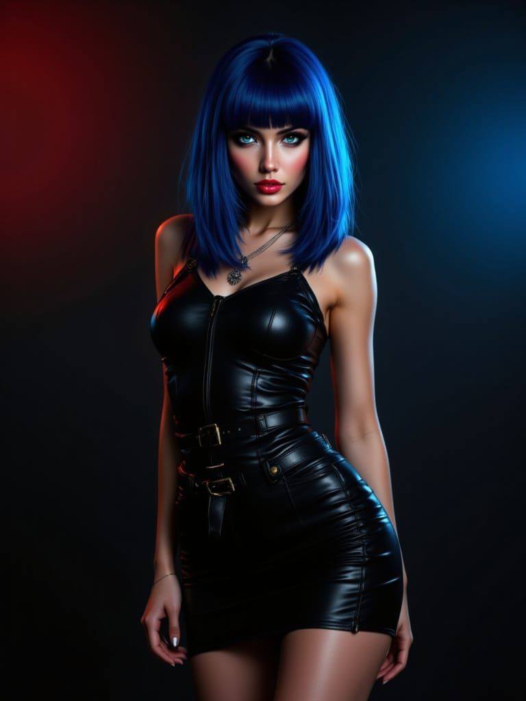 Confident Woman with Blue Hair in Noir Style