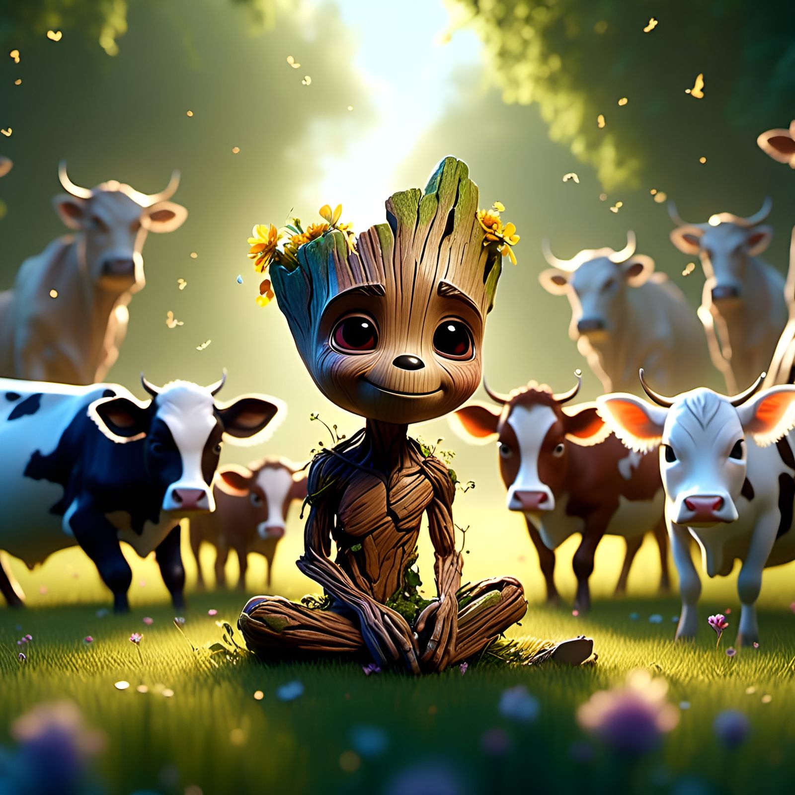 Groot and Cows: Adorable Portrait in Pixar Style