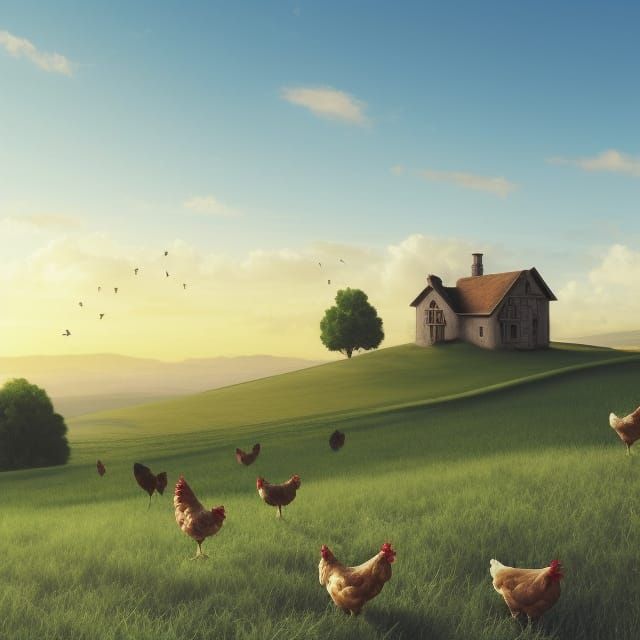 Windows XP desktop background but with a manor and trees on the hill; Chickens in front of it too, obviously