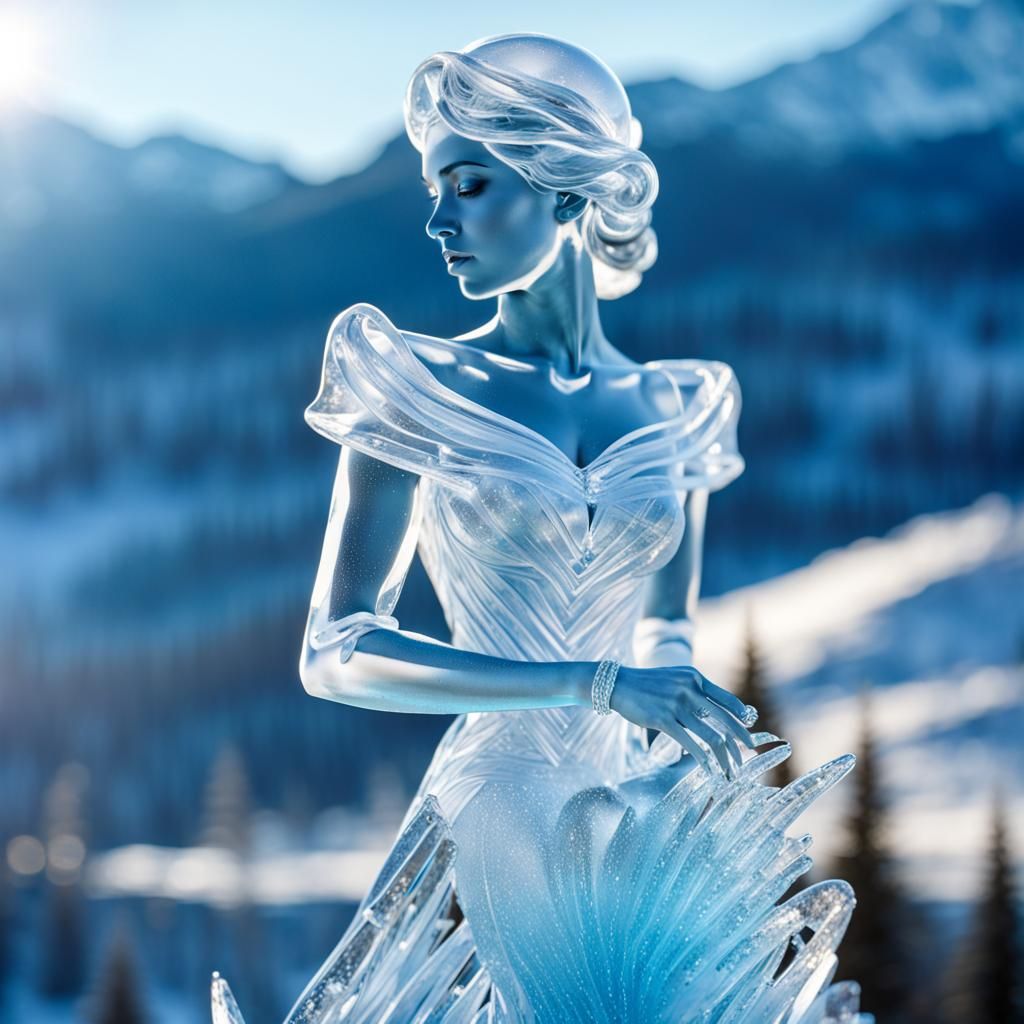 Graceful Ice Princess Sculpture with Snowy Backdrop