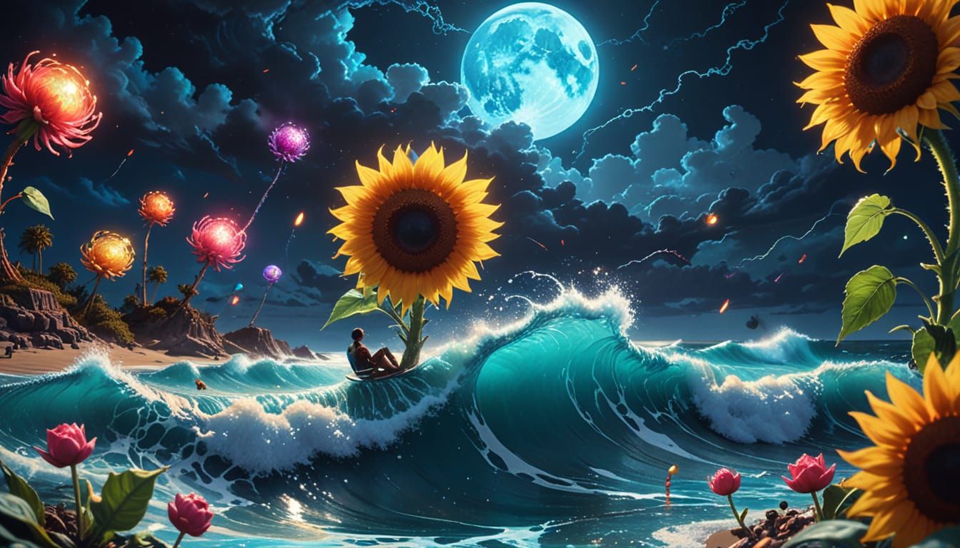 Cyberpunk Nighttime Surfing Scene Under Starry Skies