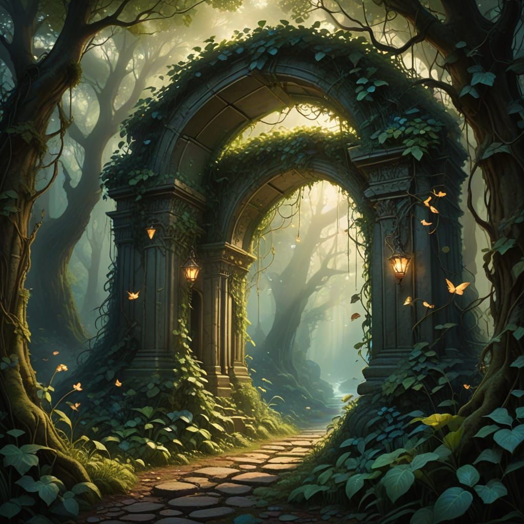 Ancient Archway in a Whimsical Bioluminescent Forest